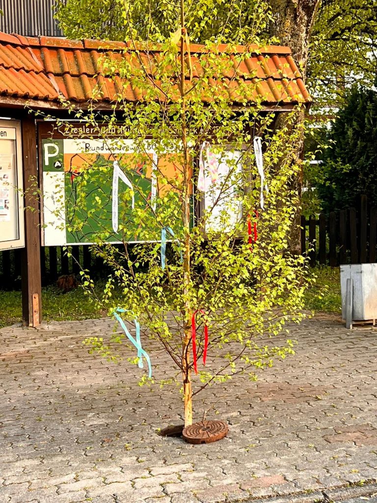 Geschmückter Maibaum auf dem Dorfplatz