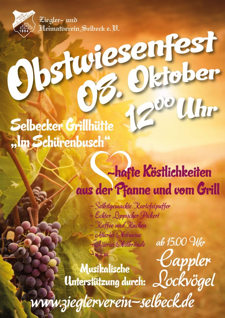 Plakat Obstwiesenfest mit Weinreben bei Sonnenuntergang und Infos zum Fest