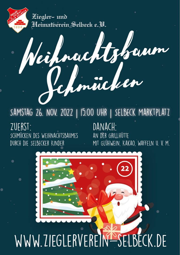 Flyer Weihnachtsbum-Schmücken 2022 mit Weihnachtsbaum und Weihnachtsmann als Briefmarke